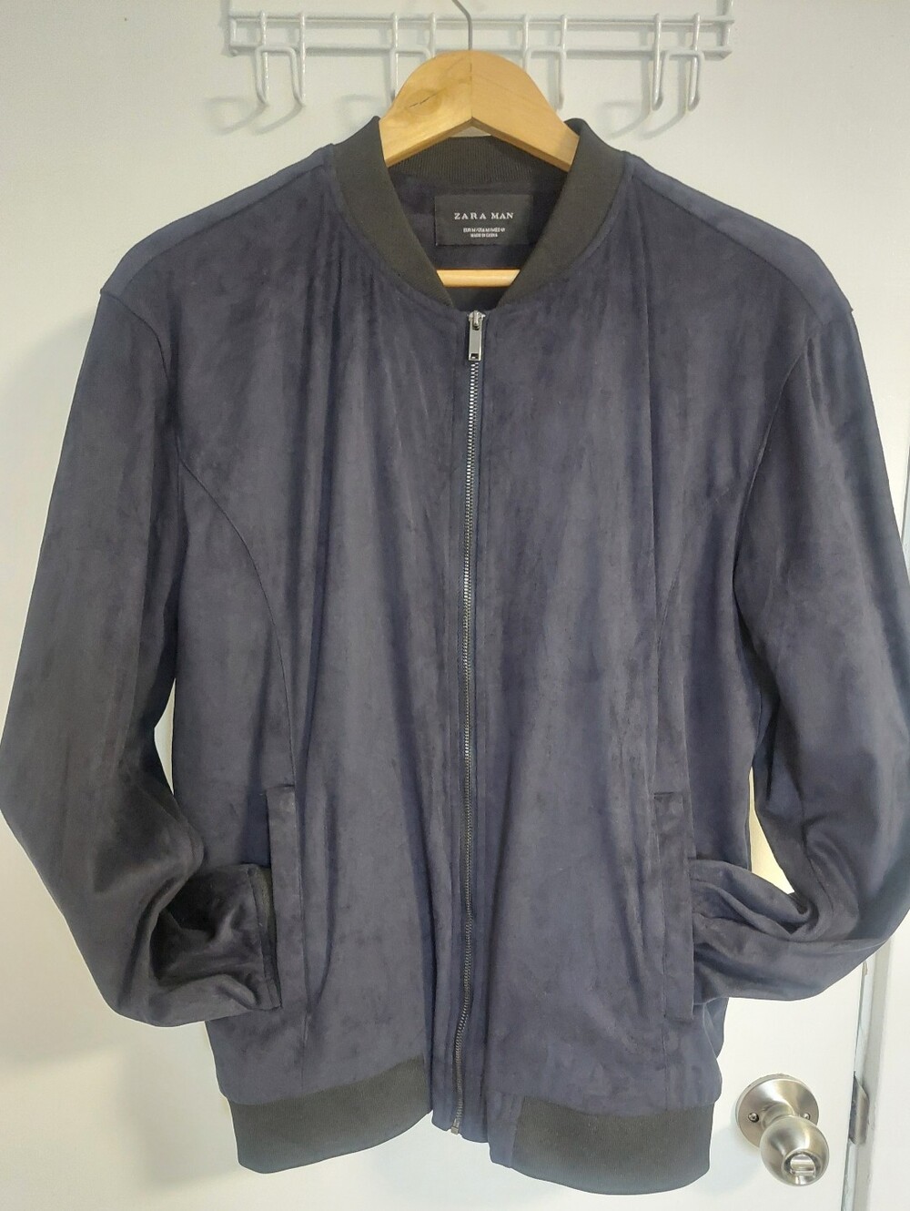 Zara Men's Navy Suede-Look Bomber Jacket